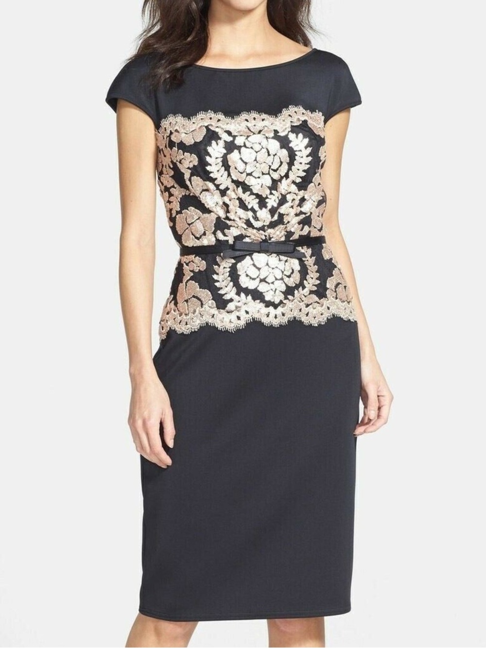 Tadashi Shoji Sheath Dress 6 Cap Sleeves Sequin Lace Beaded Belted Party Event